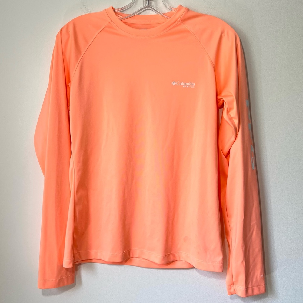 Columbia PFG Tidal Long Sleeve Tee Bright Orange White Writing